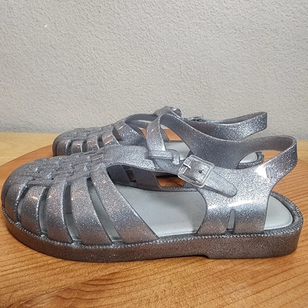 Mini Melissa Sandals Girls Size 3 Silver Glitter Jelly Fisherman Shoes 10GR23BR